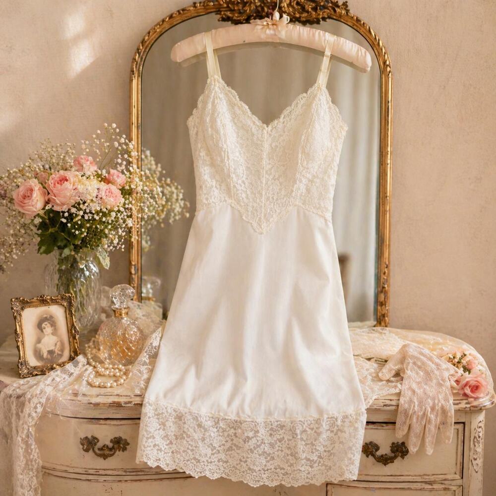 Vintage Vanity Fair 1960s Full Slip White Nylon Tricot Lace Bodice Size 34